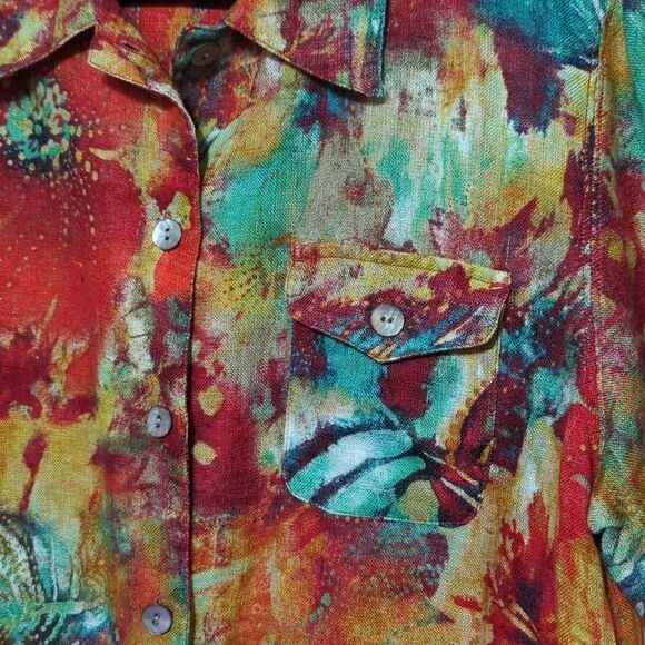 Chico's Bright Print Soft Linen Button Up Short Sleeves Boxy Cropped Shirt Sz M - Picture 4 of 7